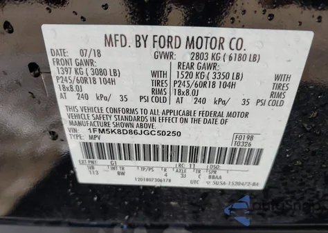 2018 Ford Explorer Xlt из США, поврежденный, VIN 1FM5K8D86JGC50250